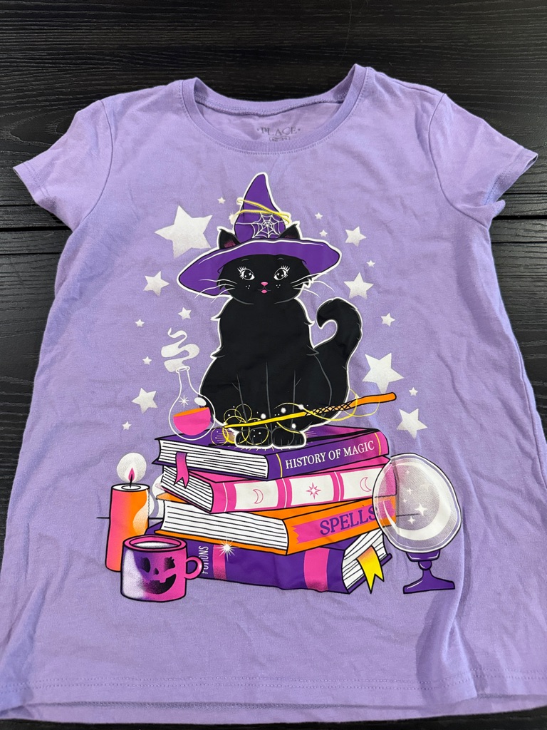 Place Lavender Short Sleeve Tee With Black Witch Cat Graphic